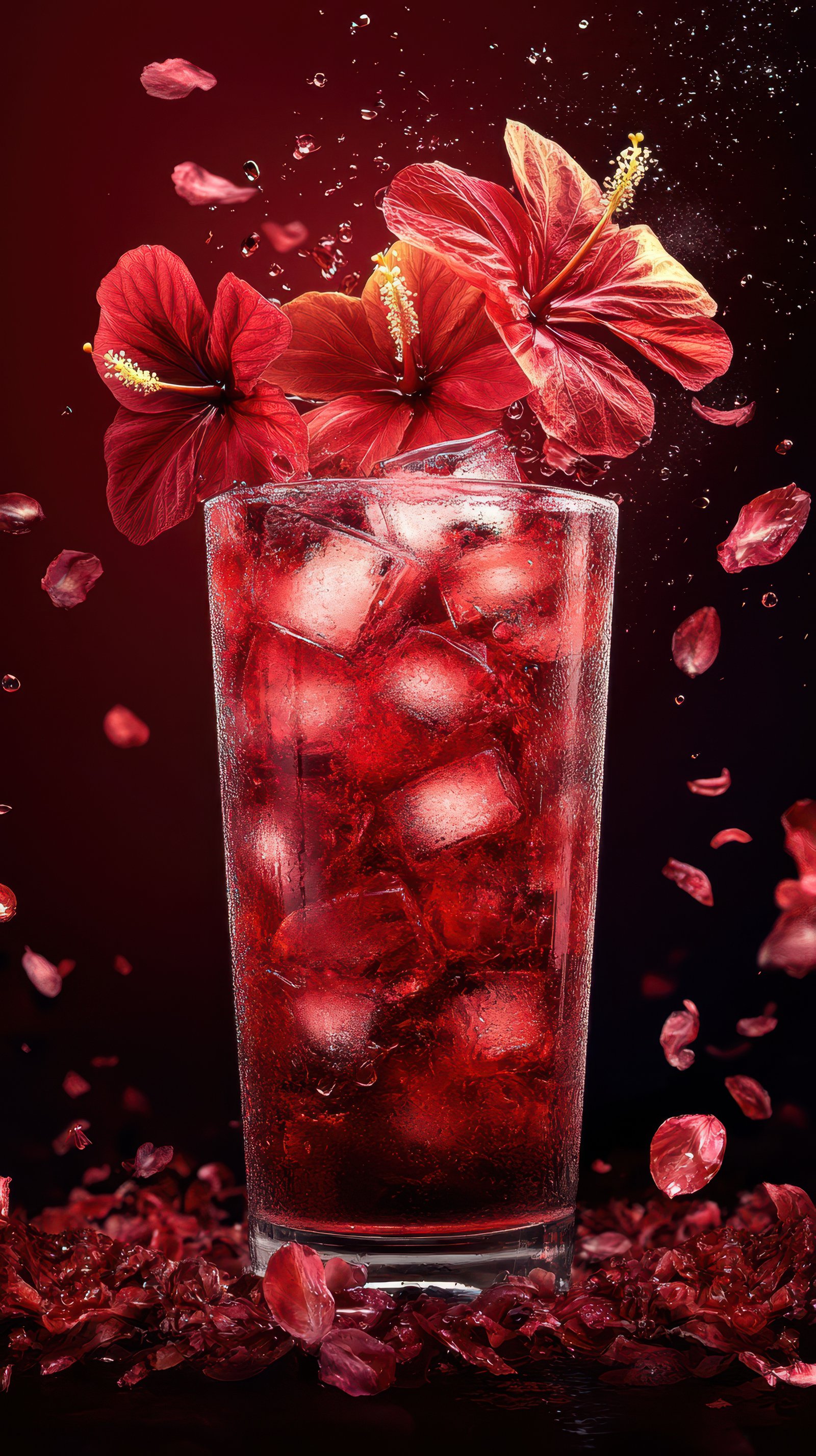 Refreshing hibiscus drink with flower garnishes and ice cubes in an elegant glass